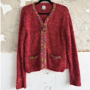 Fuzzy Cardigan Eyelash Knit Mohair Blend Sweater Beaded Trim Full Zip XL Boho
